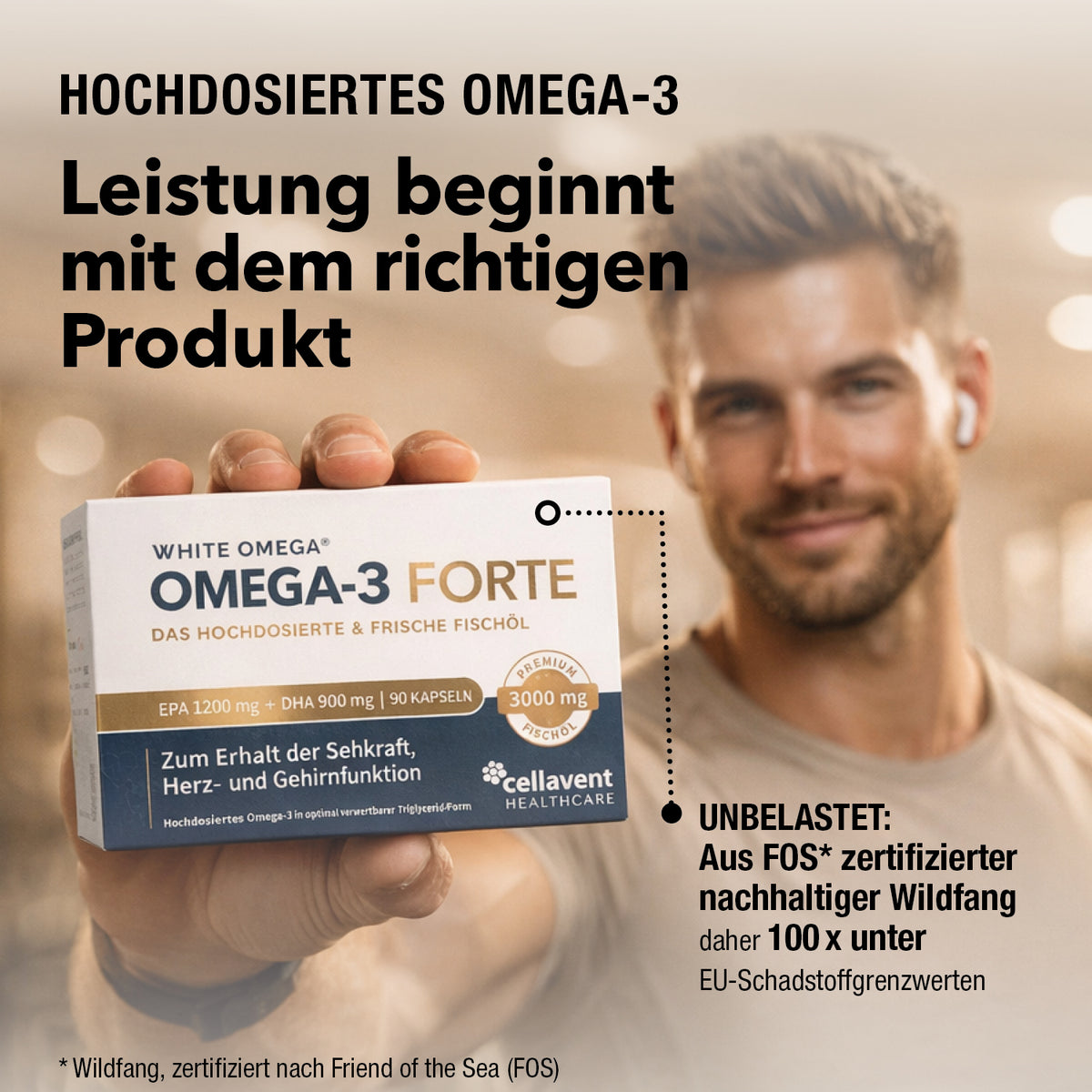 Mann hält die Faltschachtel WHITE OMEGA FORTE, Hinweis auf Wildfang mit FOS-Zertifizierung