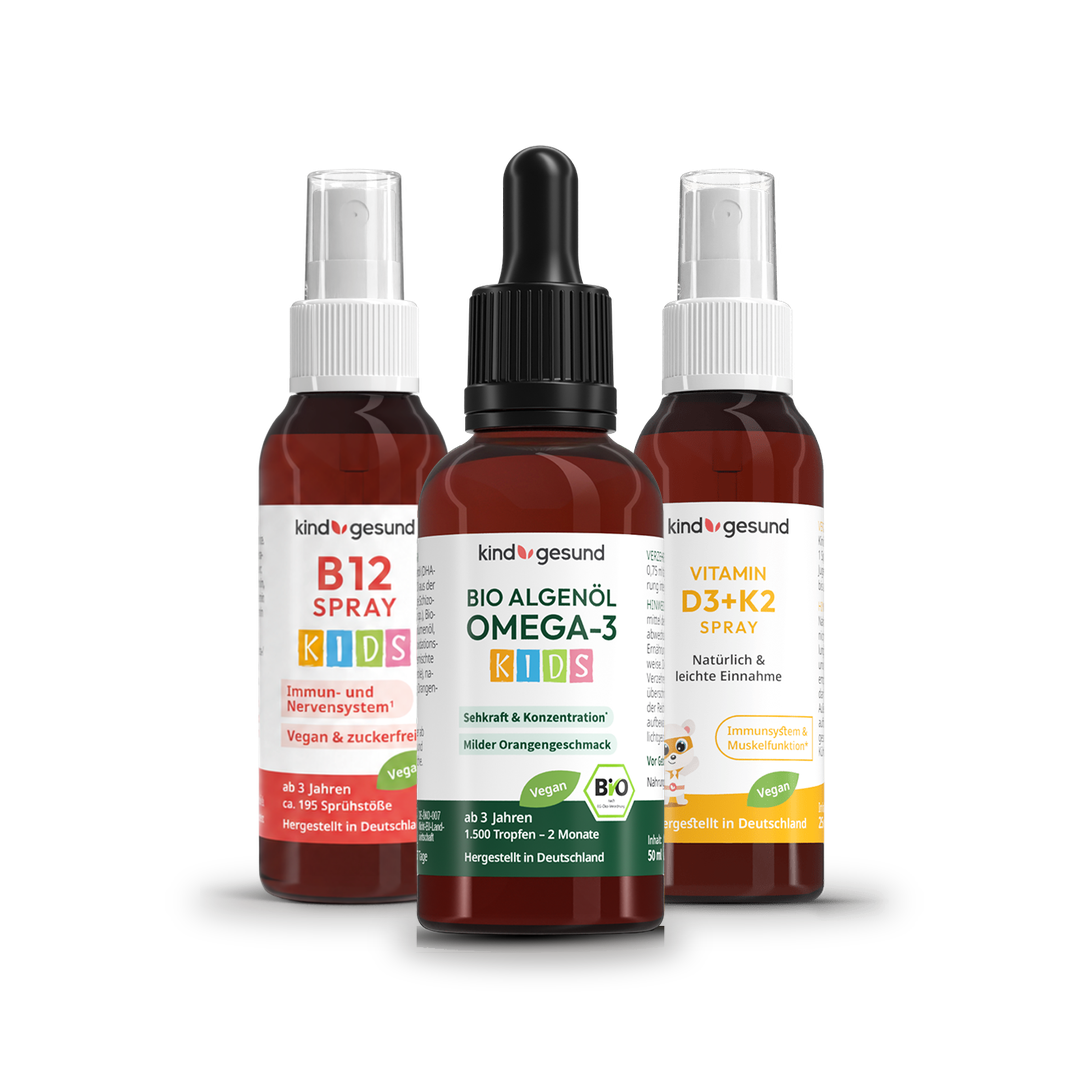 Bio-Algenöl Kinder Tropfen, Vitamin B12 Spray und Vitamin D3+K2 Spray im 3er-Set