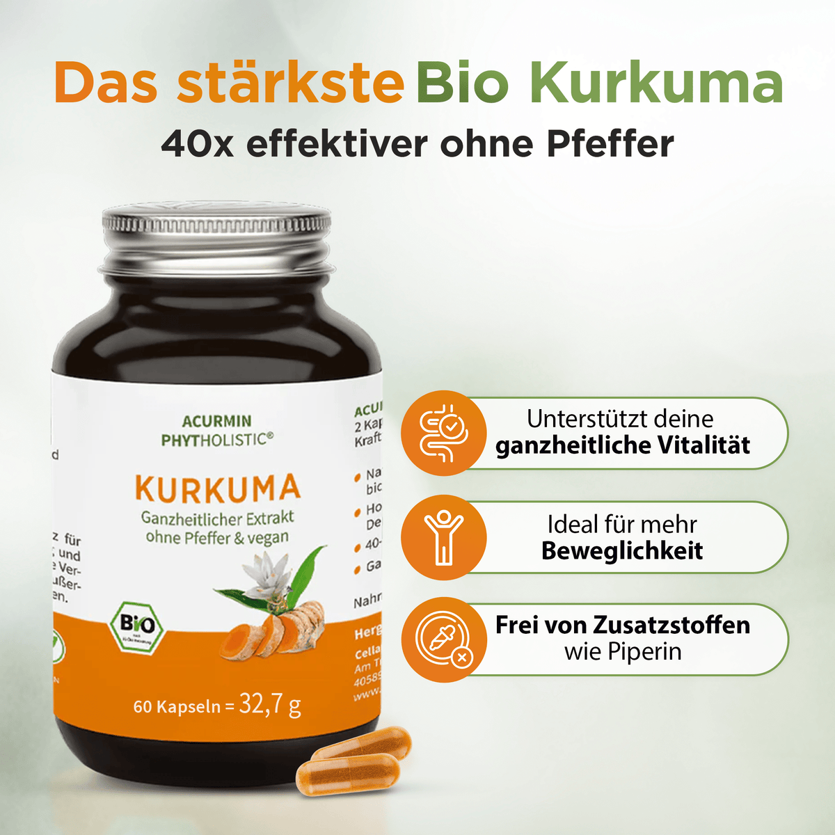 Bio Kurkuma Kapseln ohne Pfeffer – Acurmin Phytholistic - Cellavent Healthcare