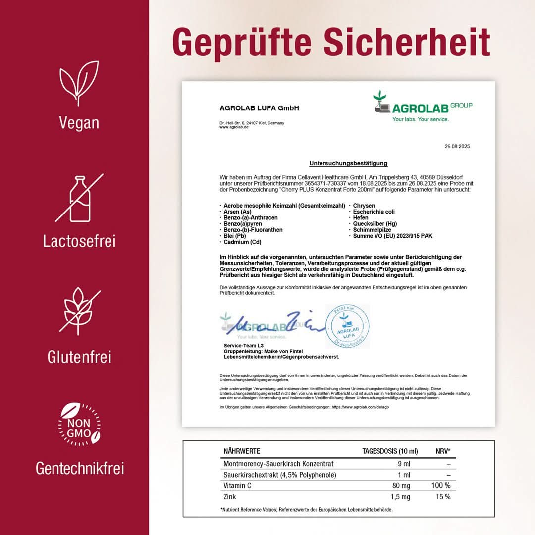 Cherry PLUS Forte Konzentrat - Hochkonzentriertes Sauerkirschkonzentrat mit Vitamin C und Zink - Cellavent Healthcare