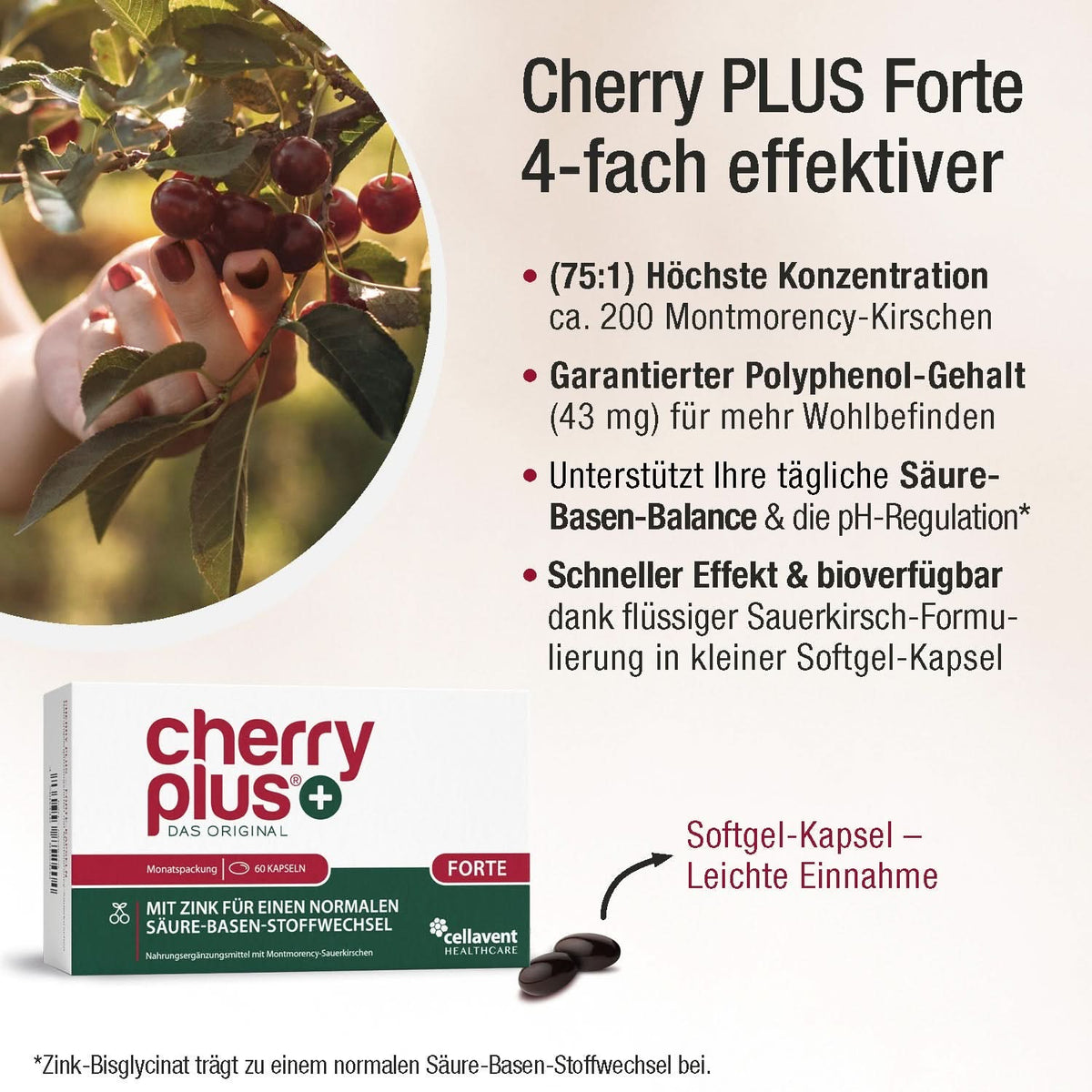 75:1 Montmorency - Sauerkirschextrakt & Zink Kapseln - Cherry PLUS Forte - Cellavent Healthcare