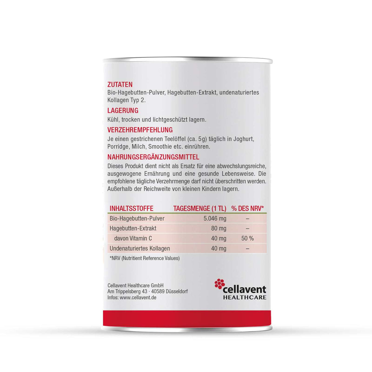 Hagebuttenpulver und Extrakt mit hochwertigen Kollagen Typ 2 – Rosehip PLUS - Cellavent Healthcare