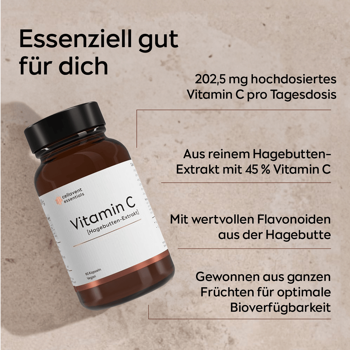 Vitamin C Kapseln [Hagebutten - Extrakt] - Cellavent essentials - Cellavent Healthcare